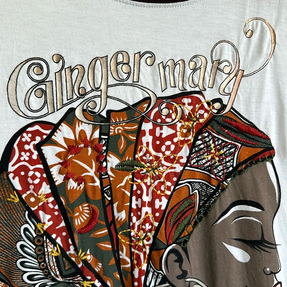 Ginger Mary African Print T-Shirt Women’s 8 / Medium White Brown Orange Stitches - Picture 7 of 9